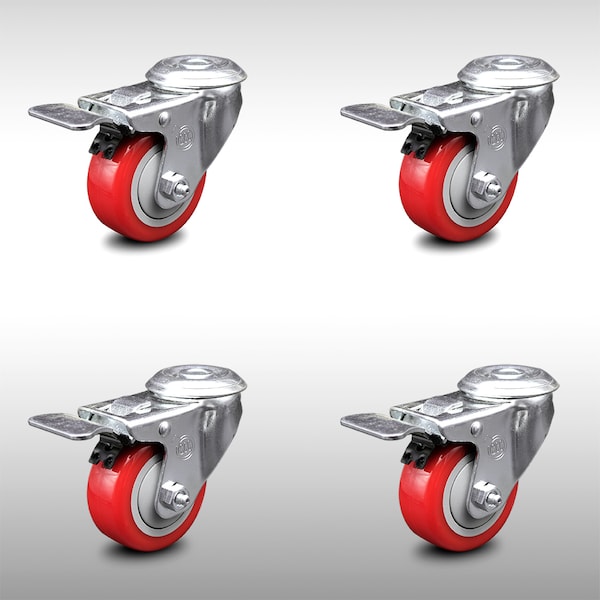 3 Inch SS Red Polyurethane Swivel Bolt Hole Caster Set with Total Lock Brake